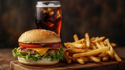 A burger with fries and a soda on a wooden board.