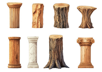 A collection of wooden logs and tree trunks, including a large log