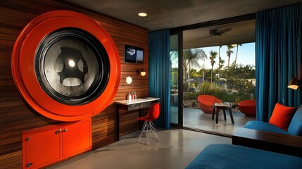 Modern Hotel Room with Vibrant Orange and Blue Decor