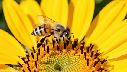 Close-up of honeybee pollinating vibrant sunflower blossom in bright sunlight