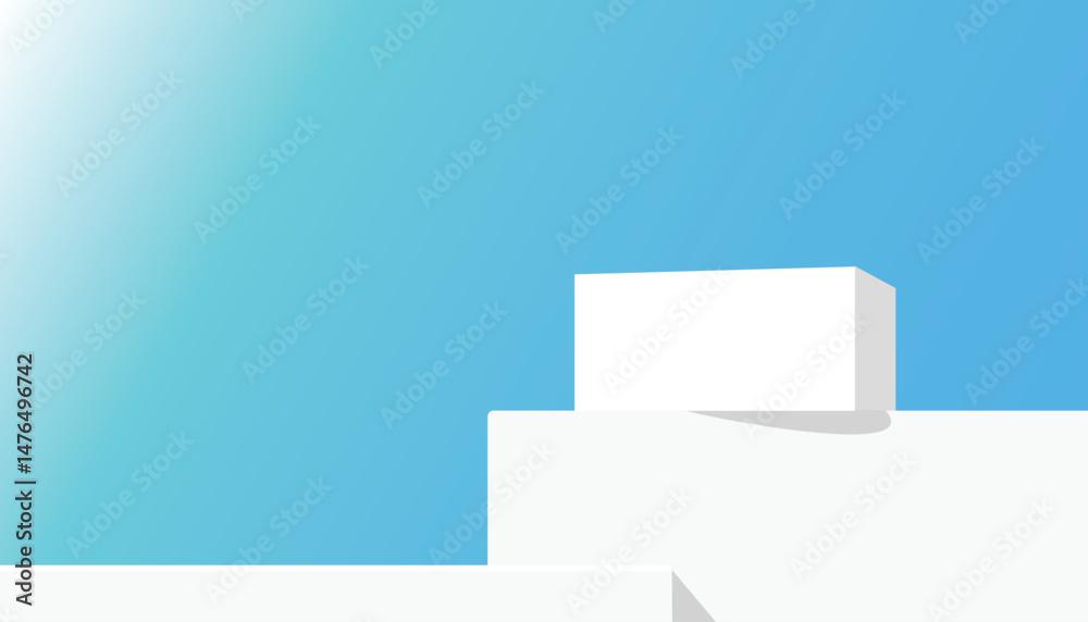 Poster white podium step display mockup with minimal geometric shapes and blue gradient background, perfect