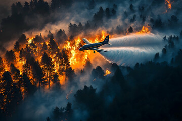 Aerial view of firefighting aircraft battling a large wildfire in a dense forest.  The plane releases water to extinguish the flames amidst smoke and fire