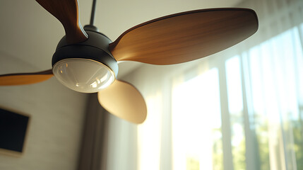 Wooden Ceiling Fan with Integrated Light in a Bright Room