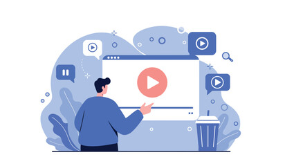 Online video streaming concept with man interacting with multimedia interface for digital media consumption