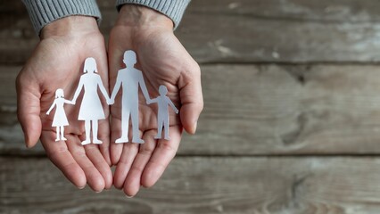 Woman's hands gently cradling paper cutouts of a family on a rustic wooden surface, concept for family protection, insurance, or social care