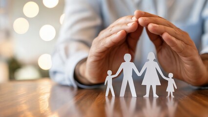 A pair of hands forming a protective barrier over a paper cutout family on a wooden surface, concept for family protection insurance and financial security