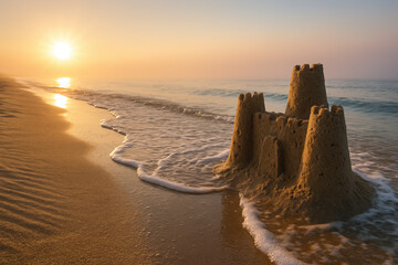 morning sun lights a sandcastle on the beach as gentle waves approach, evoking dreams of summer, peace, and travel in a tranquil oceanside scene filled with warmth and serenity