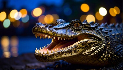 Obraz premium Alligator with open mouth showing teeth in a nighttime setting with bokeh lights, creating an eerie yet captivating wildlife scene