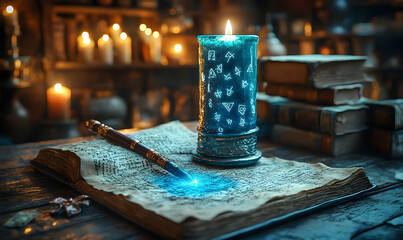 An antique book lies open, illuminated by a glowing blue quill and a teal candle adorned with symbols, set within a dimly lit, mystical study filled with candles and stacked books