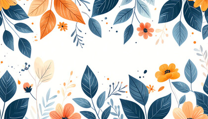 Colorful botanical illustration featuring various leaves and flowers, creating a vibrant and lively border design