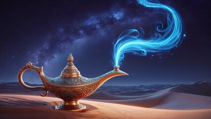 Ornate golden Aladdin's lamp emitting blue magical smoke in a desert under a starry night sky, concept for fantasy, magic, Arabian nights, and storytelling illustrations