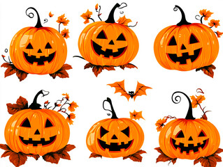 A collection of six colorful pumpkin lanterns with unique different faces, twisting stems and autumn leaves, accompanied by a little bat.
