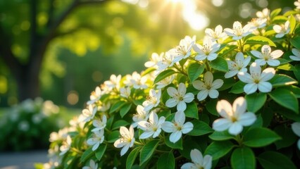 Fototapeta premium Golden sunlight illuminates a lush flowering shrub, showcasing delicate white blossoms and vibrant green foliage.