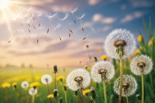 Close-up shot of fluffy dandelion seeds blowing in the wind against a sunset backdrop, concept for nature photography, landscape design, and spring themes