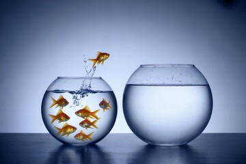 Goldfish leaping from one bowl to another, a concept for business growth and opportunity.