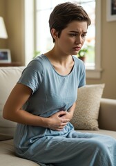 Woman in Light Blue Dress Experiencing Abdominal Discomfort