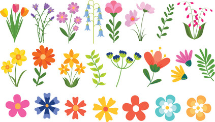 Set of spring and summer hand drawn flowers. Floral elements, wildflower, leaves and herb, plants, foliage on white background. Collection spring blossom icons. Vector flat illustration.