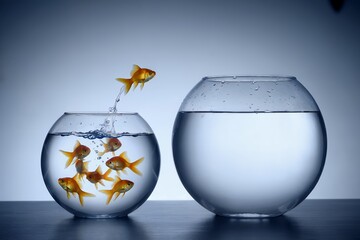 A single goldfish leaps from a small bowl into a larger one, filled with other goldfish; concept for business growth, opportunity and expansion