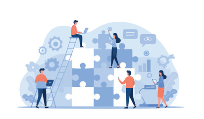 Naklejka premium Collaborative teamwork concept with puzzle pieces and business strategy elements