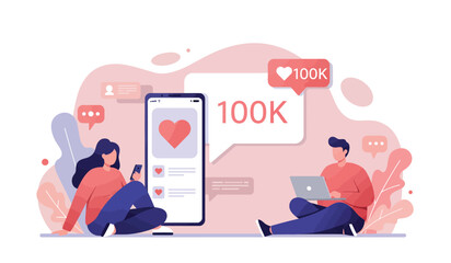 Social media milestone celebration with 100k followers on mobile devices