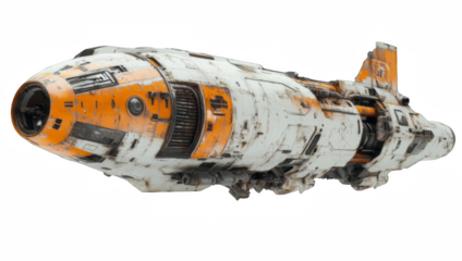 A large orange and white space ship is flying through space