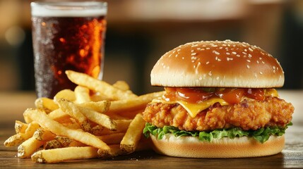 A burger with fries and a soda on a wooden board.