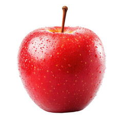 A vibrant red apple, glistening with dew drops