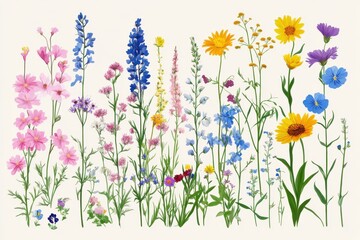 Colorful Wildflower Meadow Illustration Against White Background, Botanical Art, Delicate Flowers, Pastel Colors, Springtime