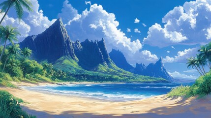 Fototapeta premium Tropical beach paradise with mountains