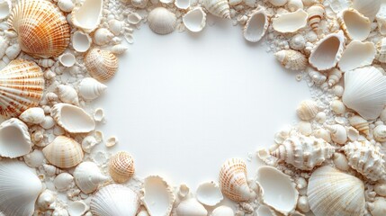 Obraz premium Beautiful collection of various seas and sand dollars arranged in a circular pattern on a white background perfect for marine life or beach themed designs and decoration ideas