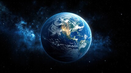 Beautiful view of Earth from space showcasing continents ocean clouds and atmosphere with a starry background illustrating global planet travel and celestial environment