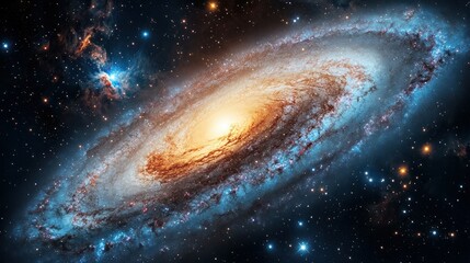 Fototapeta premium Stunning high-resolution image of a distant galaxy with bright core spiral arms and colorful cosmic dust illuminated by stars in deep space