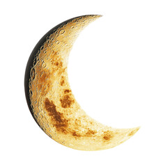 A detailed crescent moon, golden hues, craters visible