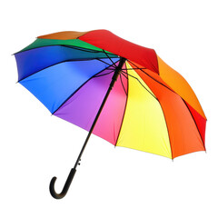 A vibrant rainbow umbrella, open and angled