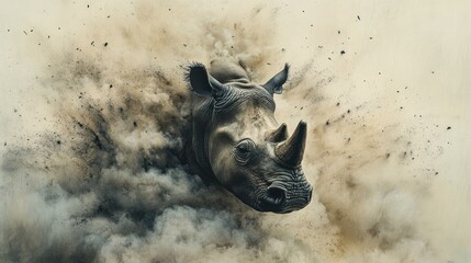 Fototapeta premium Dramatic Rhino Portrait Emerging from Cloud of Dust, Power and Majesty