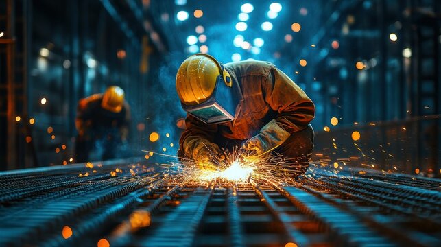 Skilled industrial worker wea protective gear welding metal beams in a modern factory with sparks flying and bright overhead lighting, industrial manufactu scene - Powered by Adobe