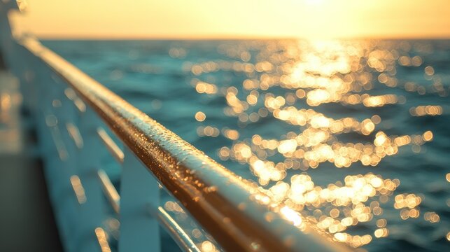 Scenic view of a metal railing along a coastal ship deck at sunset with golden sunlight reflecting on calm ocean waters and a blurred horizon in the background