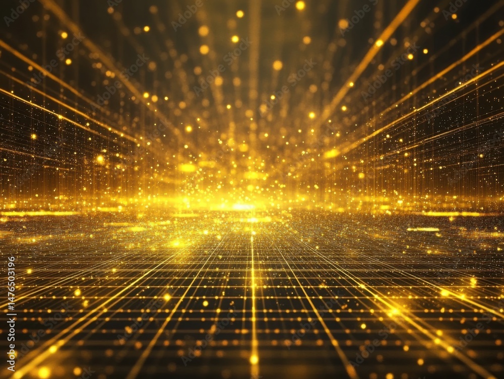 Aufkleber golden grid perspective view of data stream flowing in digital space; abstract futuristic technology