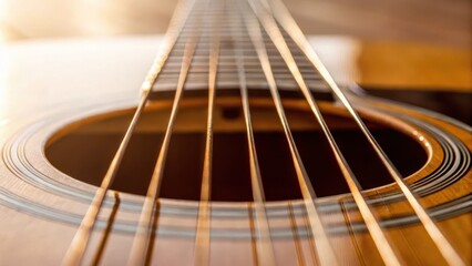 Fototapeta premium Close-up view of guitar strings and sound hole, showcasing the texture and craftsmanship of the instrument.