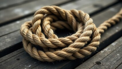 Fototapeta premium A tightly coiled length of natural fiber rope rests on weathered wooden planks, suggesting themes of strength, resilience, and nautical adventures.