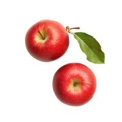 Two ripe red apples with a leaf, overhead view