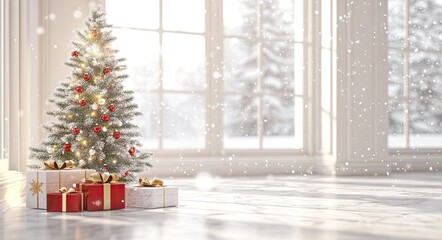 A beautifully decorated Christmas tree adorned with red and white ornaments. surrounded by colorful gift boxes. set in a bright. snowy room with large windows overlooking a winter landscape