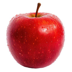 A vibrant, red apple, glistening with water droplets