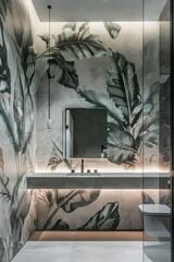 Modern bathroom featuring a stylish sink and mirror with a vibrant floral mural. showcasing a serene atmosphere and natural elements in a contemporary design