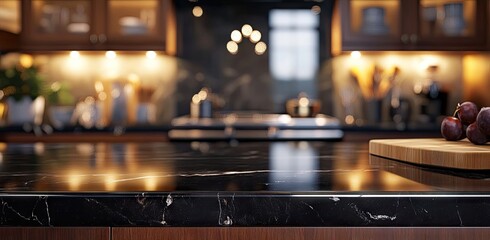 Fototapeta premium A sleek. modern kitchen interior featuring a polished marble countertop with soft lighting. showcasing elegant cabinetry and decorative elements in a contemporary setting