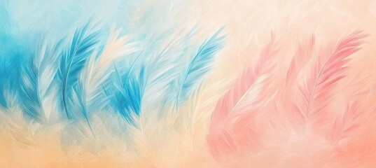 Obraz premium Abstract pastel feather texture painting with soft pink. blue. and cream colors. creating a serene atmosphere suitable for home decor or artistic backgrounds