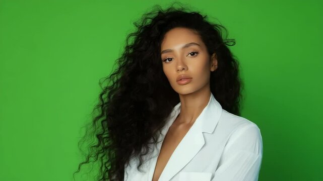 A woman with long hair is wearing a white jacket and standing in front of a green background. She has a serious expression on her face