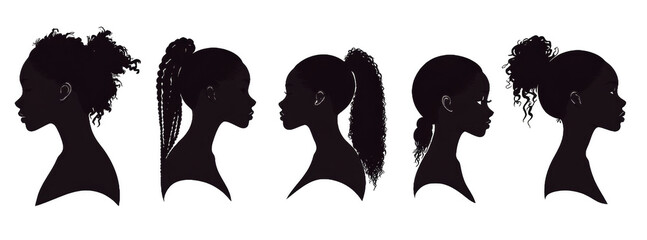 A series of black and white drawings of women with different hairstyles