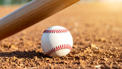Leather baseball and wooden bat lying on the ground on a baseball field. Professional active sport.