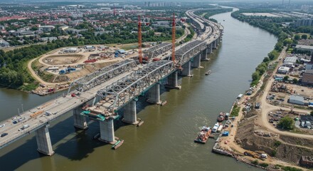 Bridge Construction Over River Aerial View